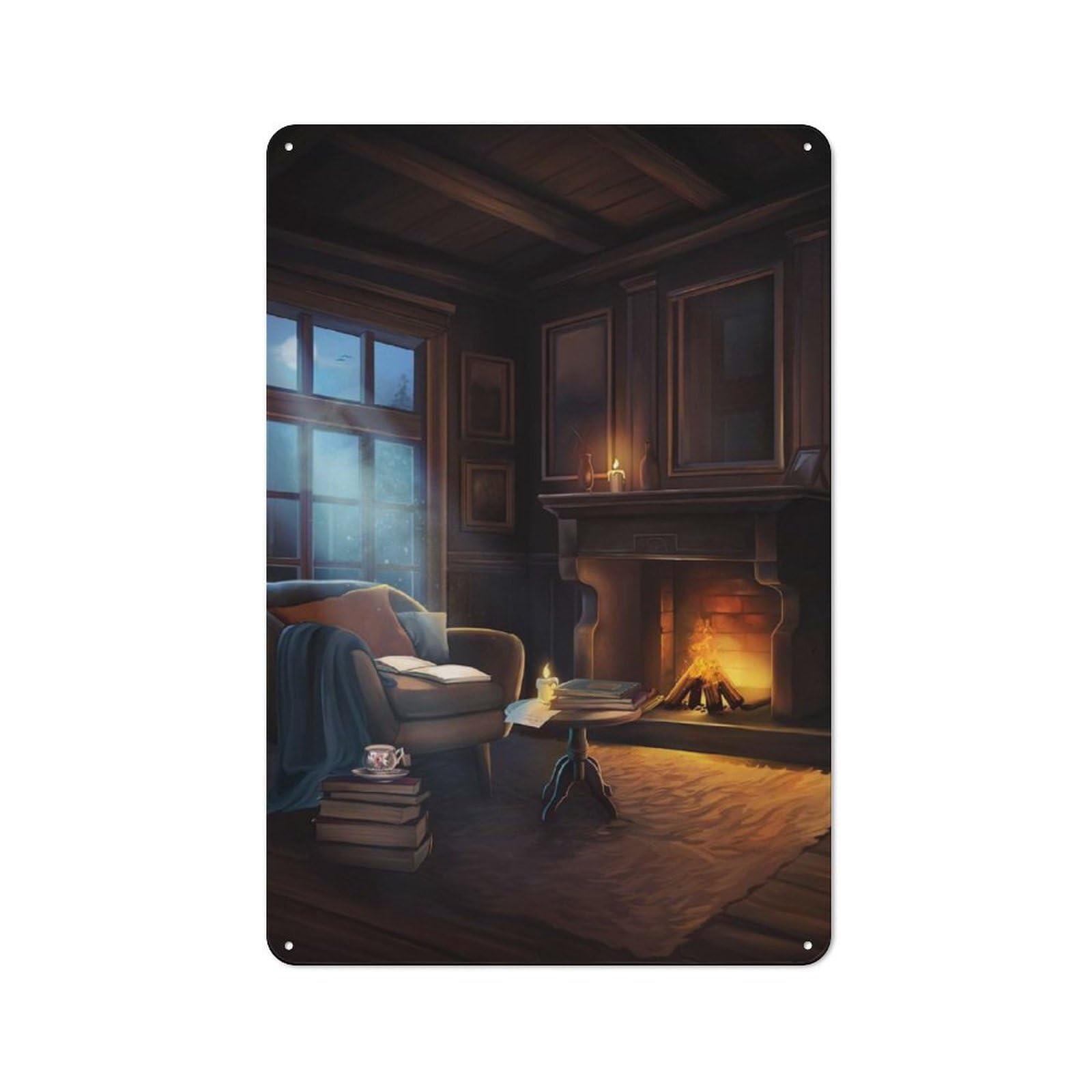 Metal Wall Sign with Cozy Cabin Armchair Scene Design 30x20cm, Vintage Industrial Wall Art for Workshop, Basement, Shed Or Games Room