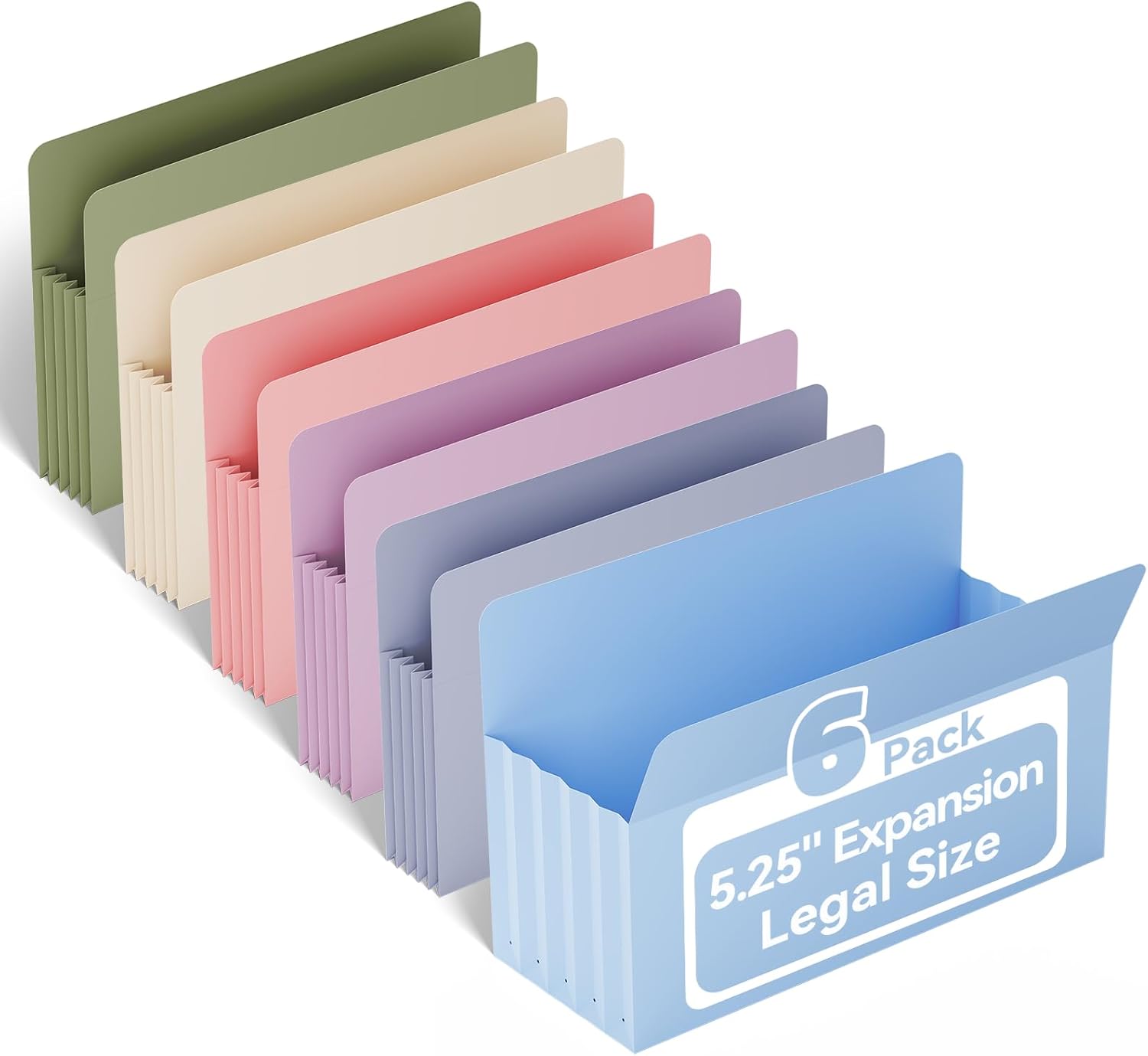 Ansook Poly Legal Size 5.25" Expansion File Pockets,6 Pack Pastel Large Capacity File Pockets Folders,Heavy Duty File Pocket for Cabinet,with Straight-Cut Tab,hold 8.5" x 11" documents & Manila Folder