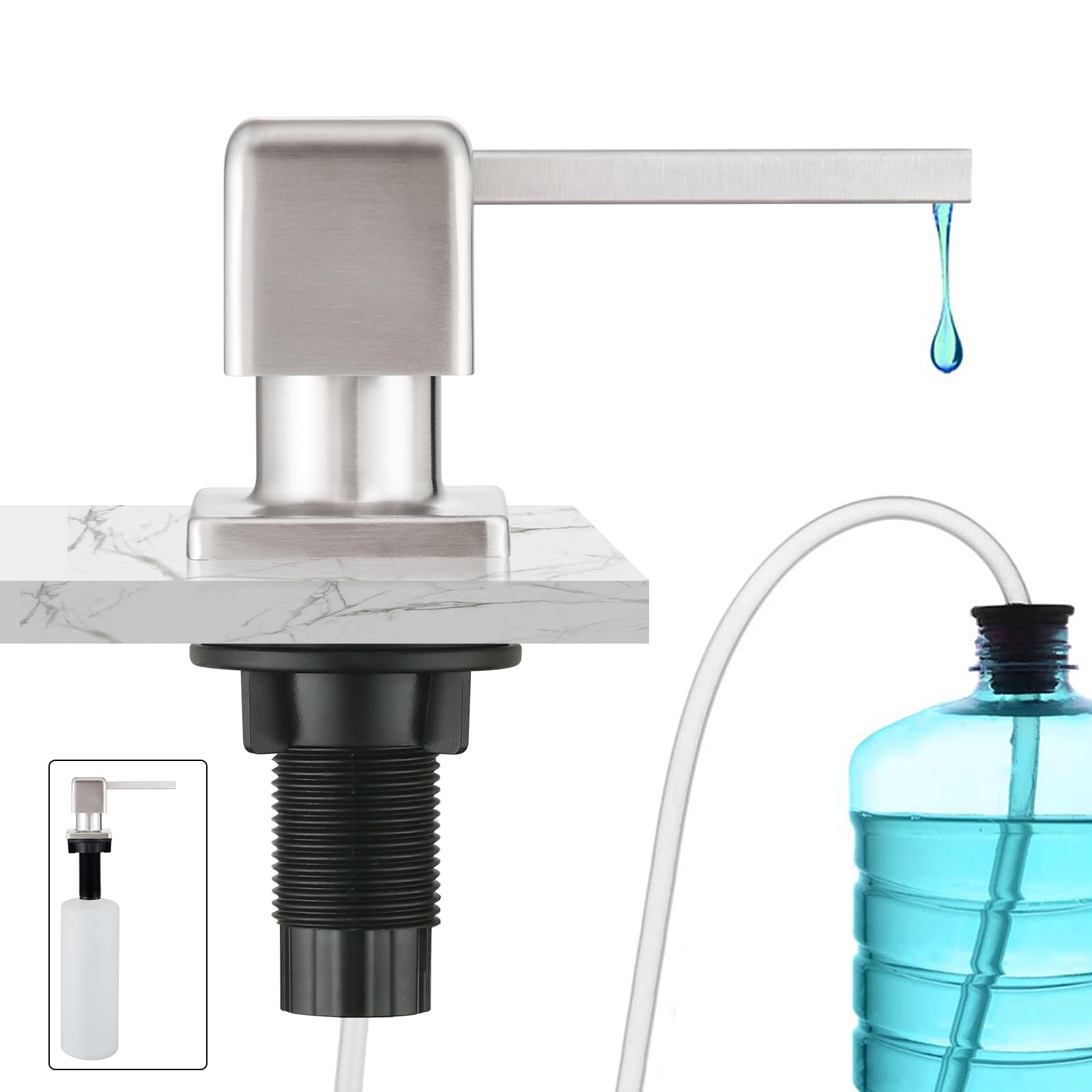 CREA Dispensador de Jabón de Cocina, Dispensador de Detergente de Cocina, Dispensador de jabón para Fregadero con Botella de 500 ml y Manguera de Extensión de 1,0 m, Acero Inoxidable