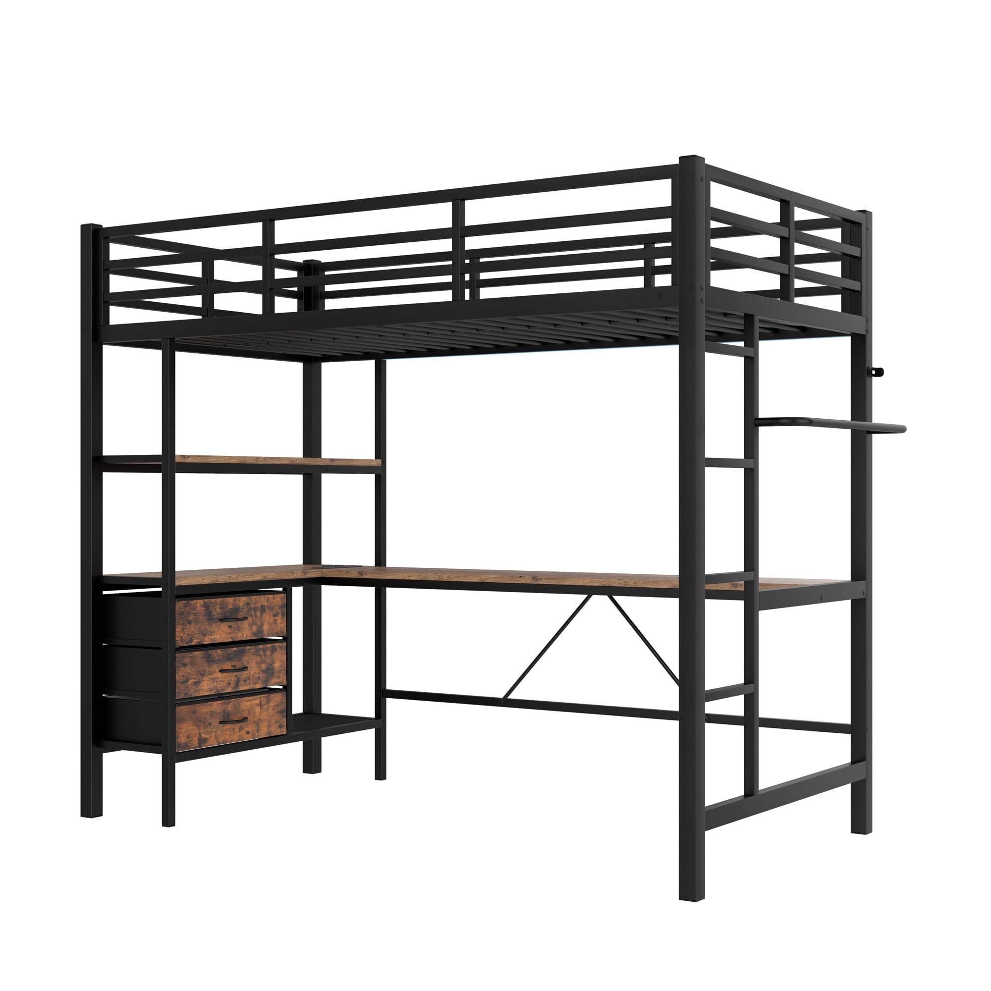 Sapgaks Lit Mezzanine Enfant 90x200cm avec éclairage LED et Bureau et Prise + USB,lit Mezzanine 1 Place avec 3 tiroirs,lit superposé Adulte étagères,Rampe,escalier,sans Matelas (Black 90 * 200cm)