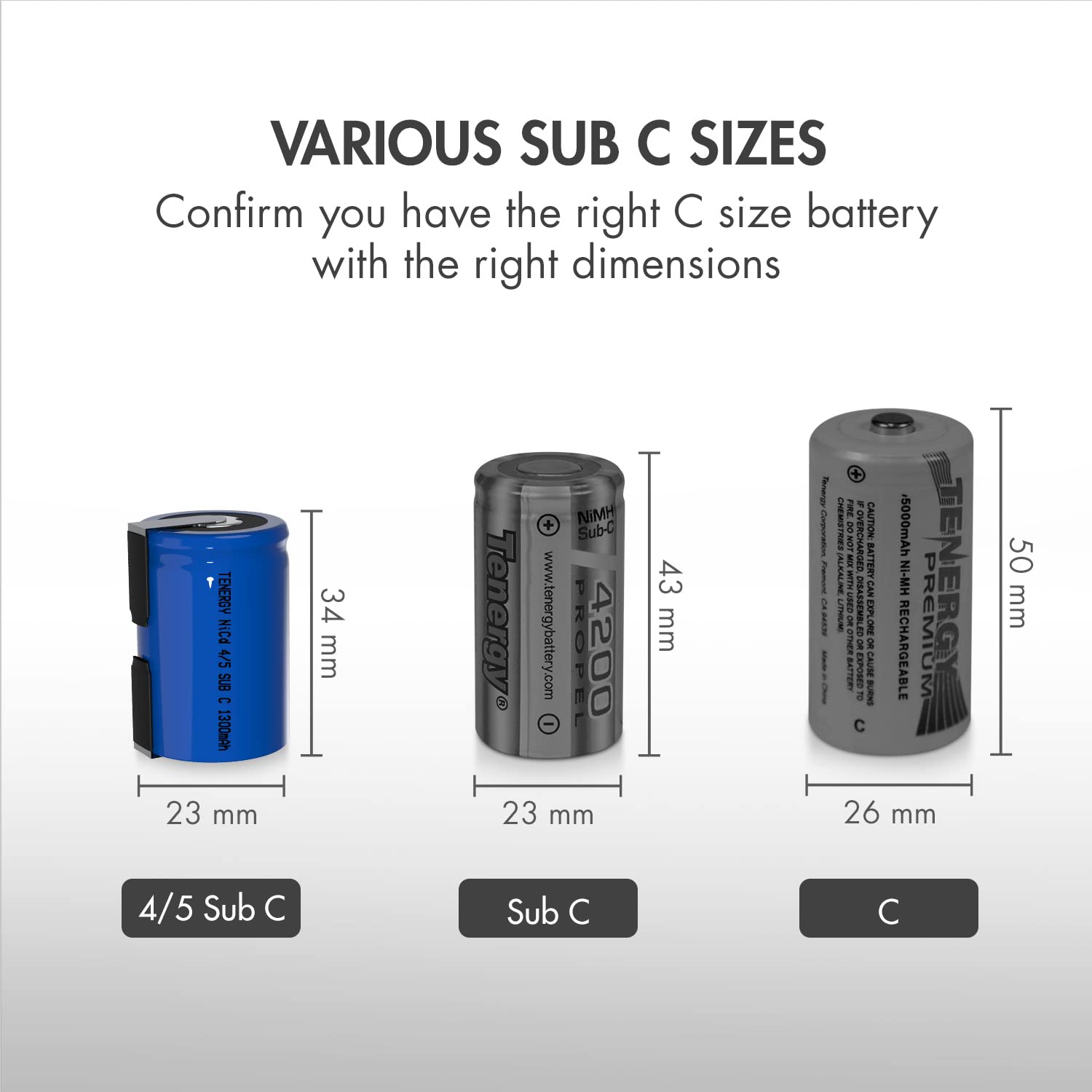 Tenergy Lot de 15 piles rechargeables NiCD 4/5 SubC 1300 mAh avec languettes