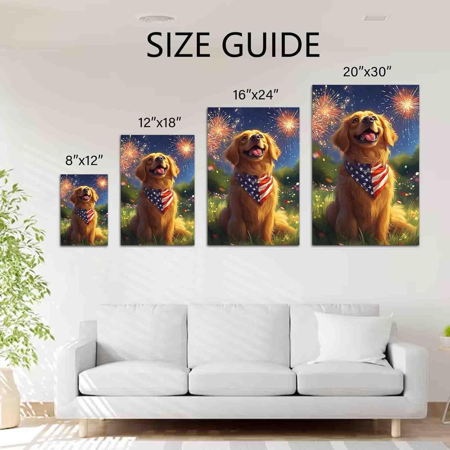 FOTRIC 4th of July Dog Patriotic Wall Art Golden Retriever Patriotic Garden Flag Canvas Independence Day Puppy Pictures Print Wall Decor Lover Dogs Home Decor Wooden Frame 8x12 inch