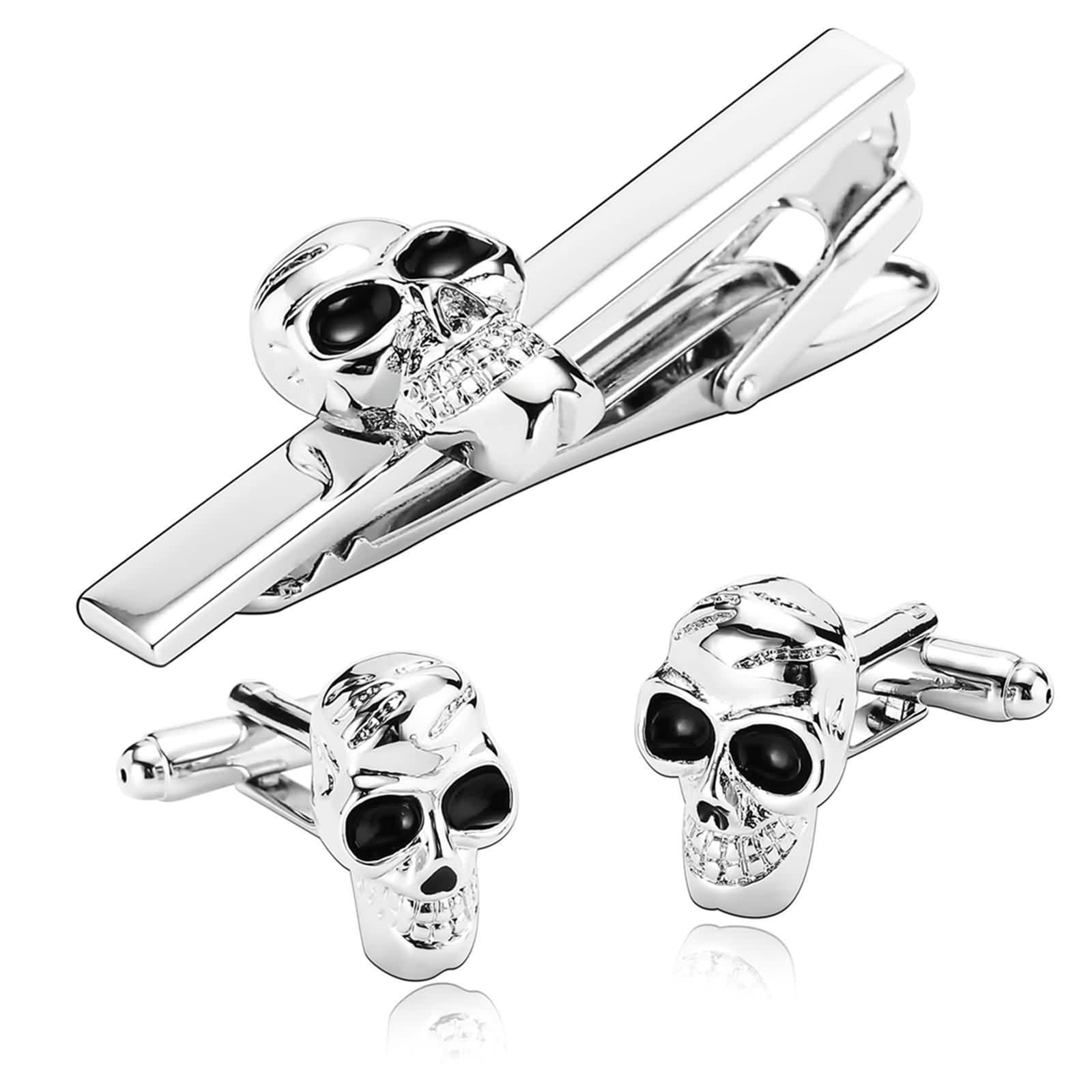 KnSam Camisa para Gemelos Hombre Acero Inoxidable Cráneo Cufflinks Set para Hombres Regalo para Boda, Compromiso, Día de San Valentín, Aniversario, Plata, acero inoxidable, Sin circonita