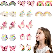 Clip On Earrings for Girls, 12 Pairs Clip Earrings for Girls, Non-Allergic Resin Earrings, Beautiful Princess Jewelry Accessories for Girls, Unicorn