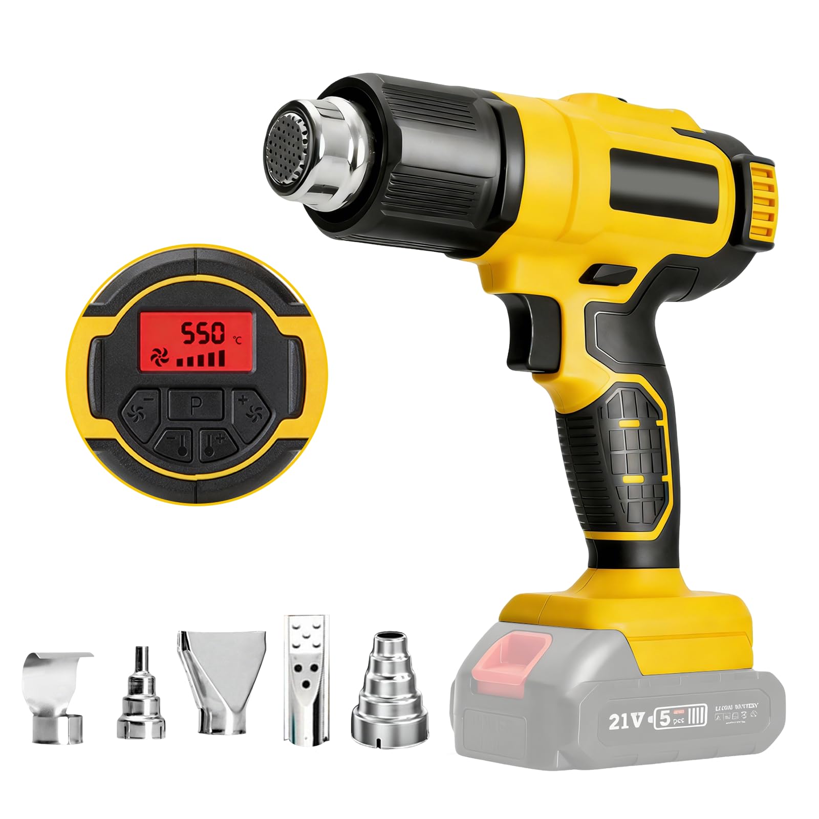 Akku Heißluftpistole für Makita 18V Akku, Kabellose Heißluftpistole mit LCD-Display & 5 Düsen, Temperatur Bis zu 550°C, Heißluftfön Akku zum Entlacken, Basteln, Löten, Schrumpfschläuche (ohne Akku)