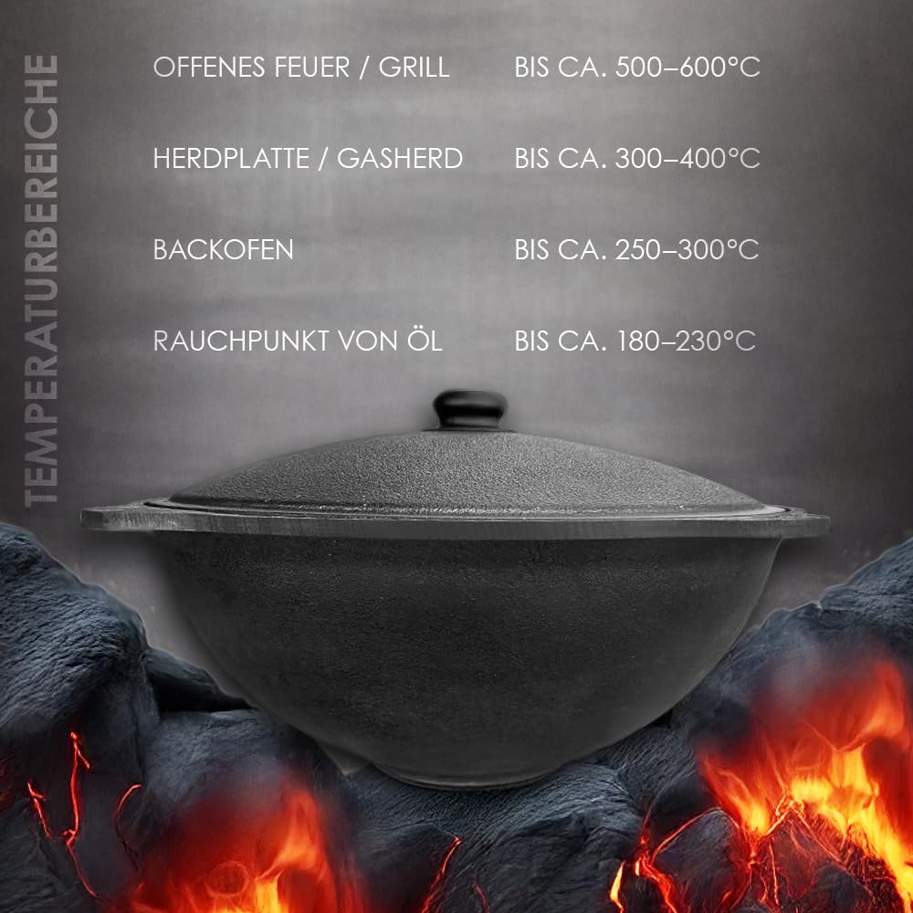 Kazan de hierro fundido 12 L – Uzbeko Kazan (плов казан) con tapa de aluminio, espumadera y cucharón – Ideal para Plov, cocina en horno de fuego, olla uzbeka