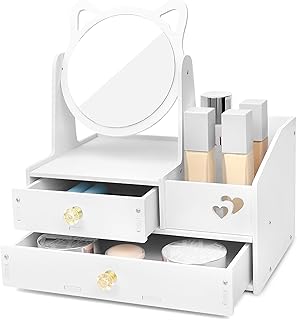 LEcylankEr Schminktisch Organizer mit 360° Spiegel und Schublade, Kosmetik Organizer aus PVC Weiß, Montage erforderlich, mit Anleitung und Werkzeu (Runder Spiegel)