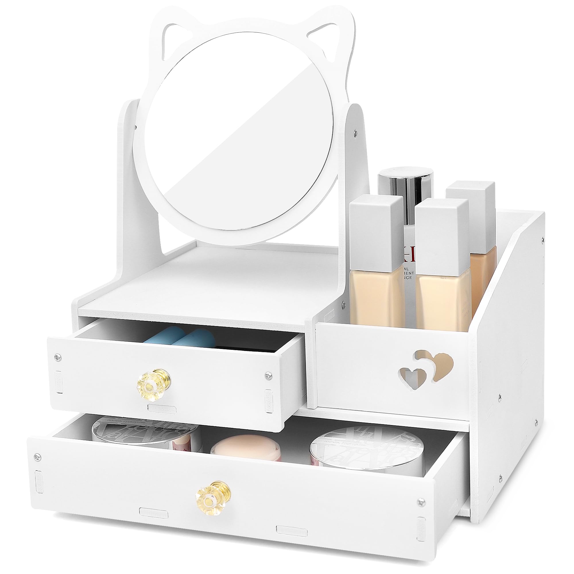 LEcylankEr Schminktisch Organizer mit 360° Spiegel und Schublade | Make up Organizer, Kosmetik Organizer aus PVC Weiß, Montage Erforderlich, mit Anleitung und Werkzeu
