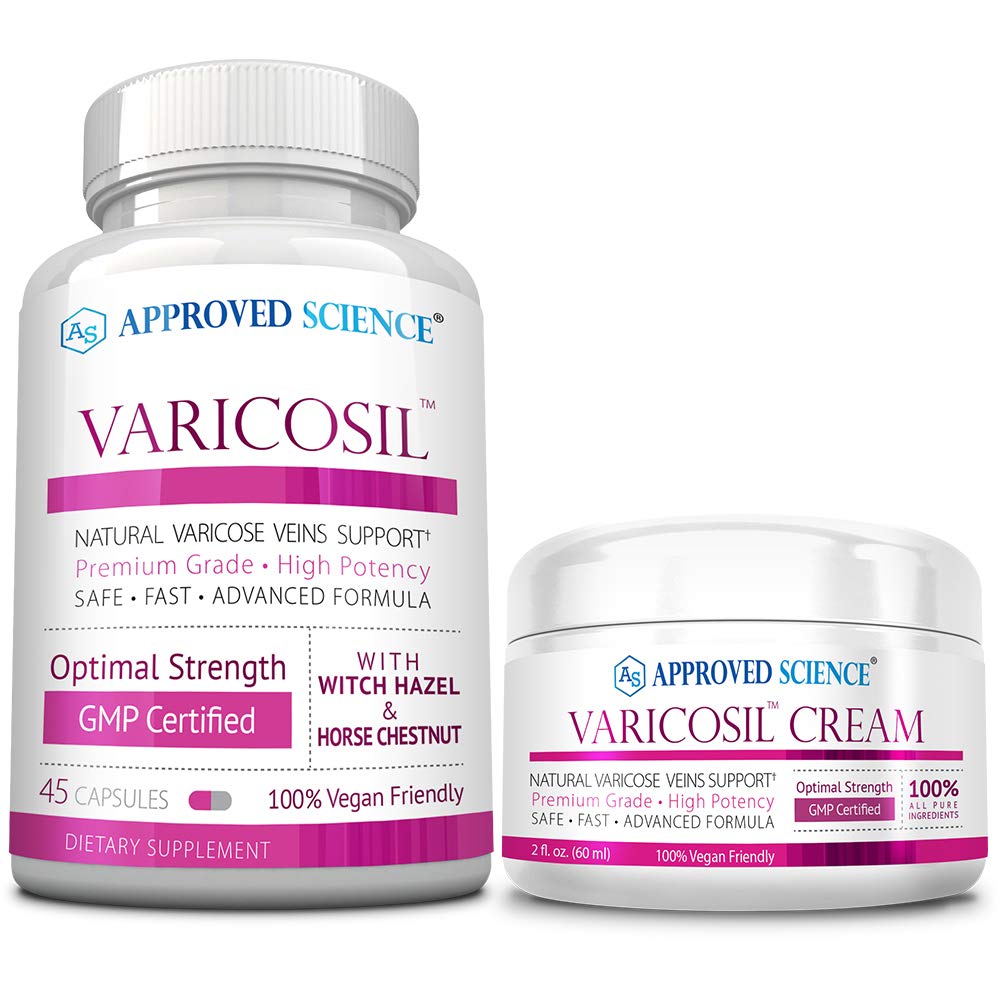 Approved Science Varicosil - Varicose Veins Support Supplement - 1 Bottle (45 Capsules) + 1 Cream (2fl oz) - Vegan