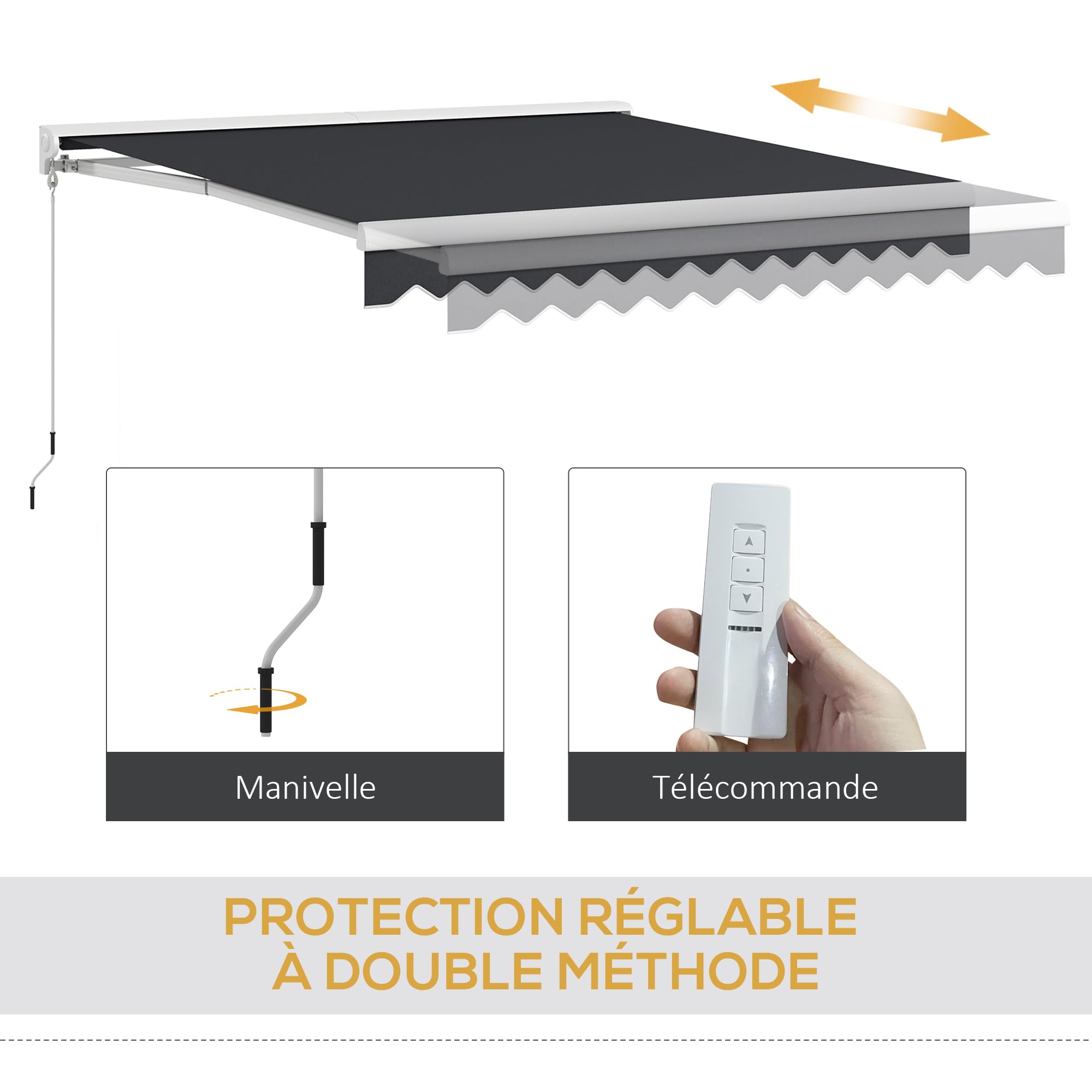 Outsunny Store banne électrique et Manuel rétractable dim. 295L x 250l cm télécommande fournie Aluminium Polyester Haute densité imperméabilisé Anti-UV, Gris