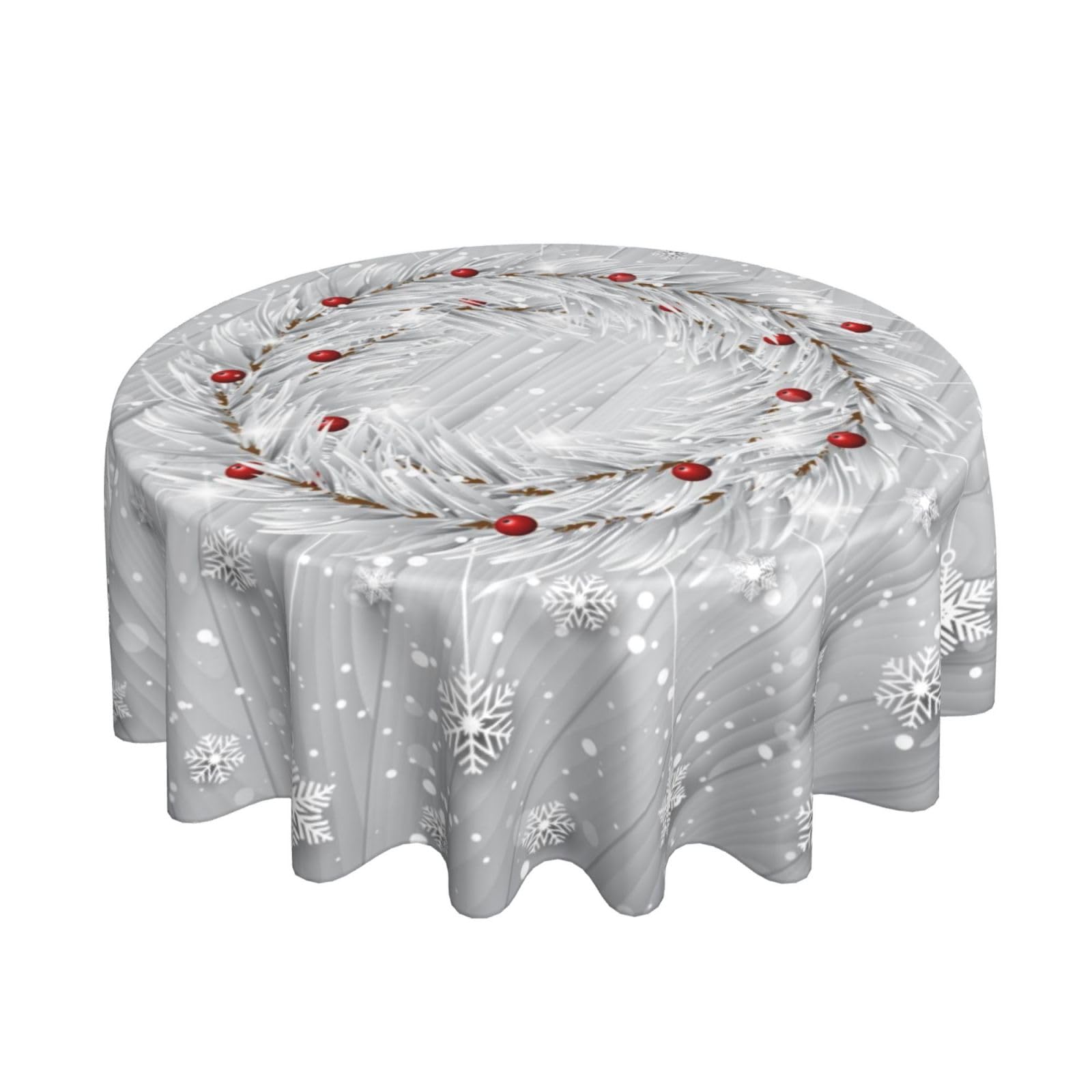 BYONEESS Silver Snowflakes Christmas Round Tablecloth 60 Inch Winter Snow Table Cloths with Xmas Tree Leaves Berry Table Covers for Holiday Party Dining Kitchen Picnic Camping Patio Outdoor Decor — image 1