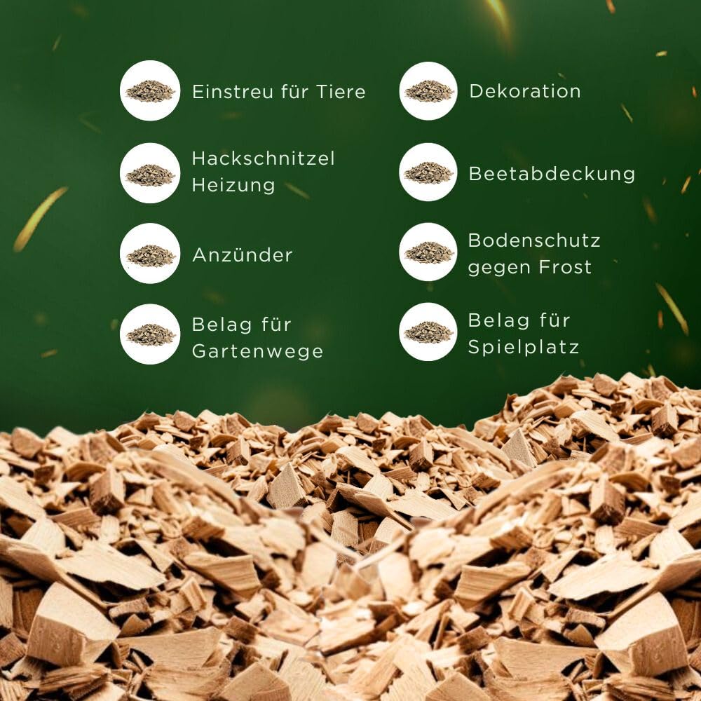 Hackschnitzel 200 Liter für den Garten - Ideal für Hackschnitzelheizung und als Anzünder - trockene Kiefer Holzhackschnitzel - Rindenmulch-Ersatz für Spielplatz, Gartenwege und Beete