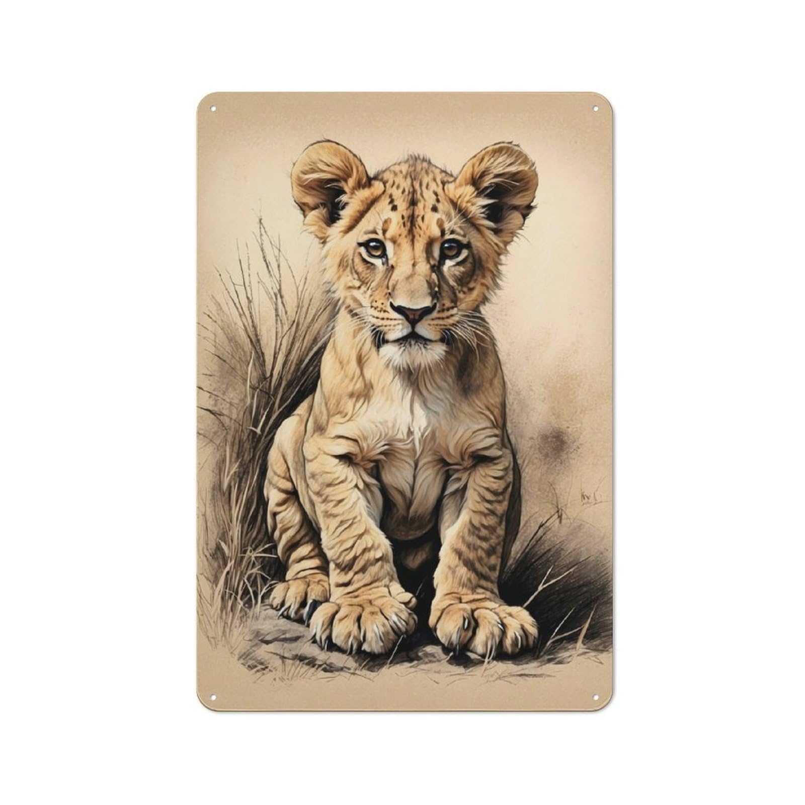 Junmoney Lion Cub In The Savannah Country Farmhouse Metal Sign 30X20cm, Farmhouse Wall Decor For Dining Room, Cafe, Entryway Or Family Room