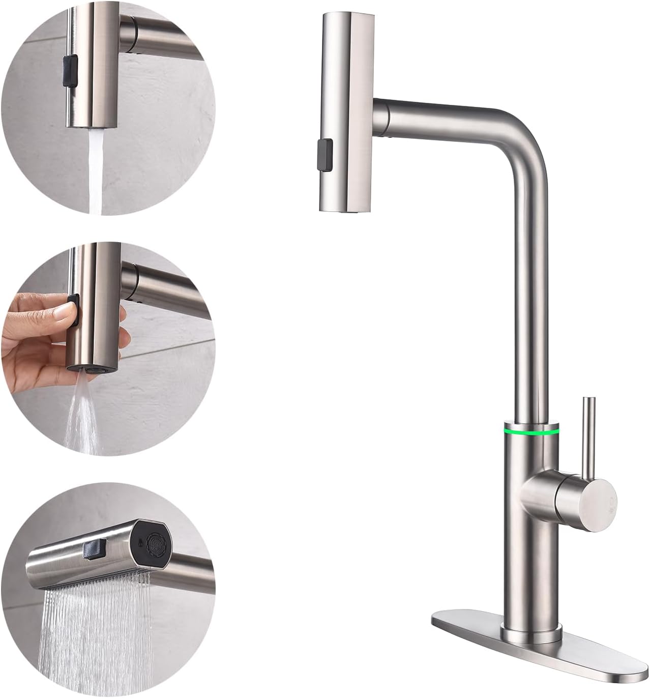 Kitchen Faucet with Pull Down Sprayer, Brushed Nickel Waterfall Single Hole Kitchen Faucets with LED Light, Stainless Steel Commercial Modern Kitchen Sink Faucet with Pull Down Sprayer for 3 Function