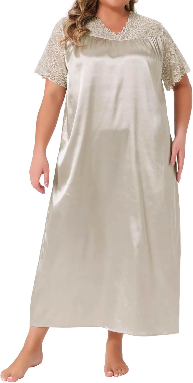 Agnes Orinda Plus Size Satin Silk Nightgown for Women Lace V Neck Short Sleeve Maxi Sleepwear Nightshirt Sleep Dress - Image 2