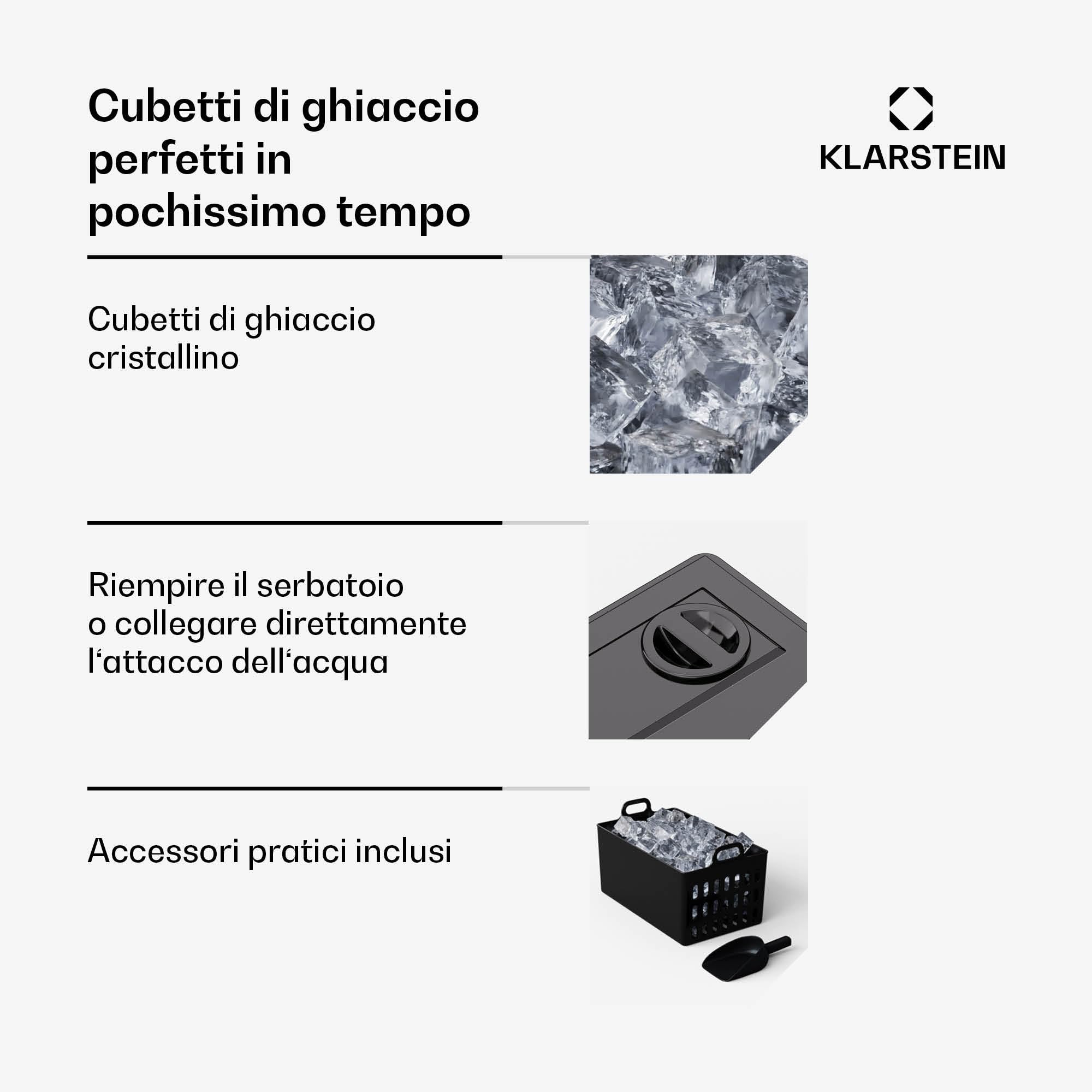 Klarstein FrostMaster - Macchina del Ghiaccio, 35 kg/24h, 34 Cubetti in 15 Min, Acciaio Inox, Pannello LED, Facile da Pulire, Macchina del Ghiaccio per Casa e Bar, Argento