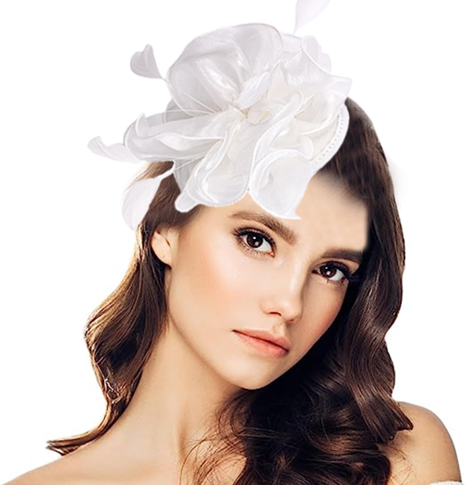 Xinchia Women's White Fascinators Hat Mesh Net Veil Headband Flower Ribbons Veil Party Hat Ascot Hats Feather Headband Headpiece Hat Hairband Feather Hair Band Pillbox Hats Fascinator Party Headwear For