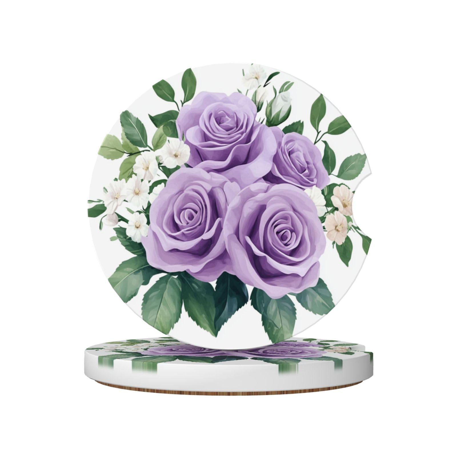 Purple Roses with White Flowers Green Leaves Ceramic Coasters,2pcs