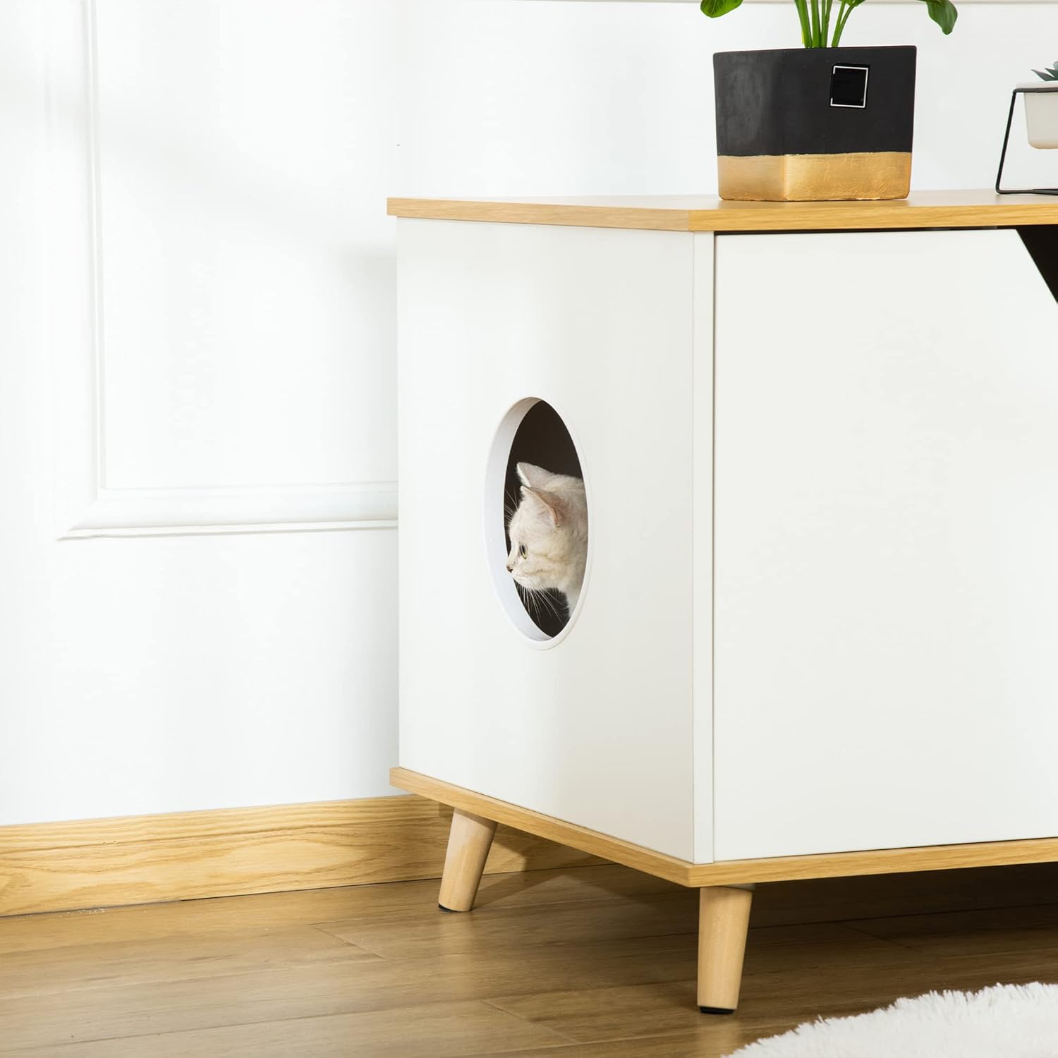 PawHut Cat Cabinet for Cat Litter Tray 2 in 1 Design Cat Litter Tray Side Table Cat House for Cat Bed with Door Opening Pine Wood Oak + White 100 x 55 x 60 cm