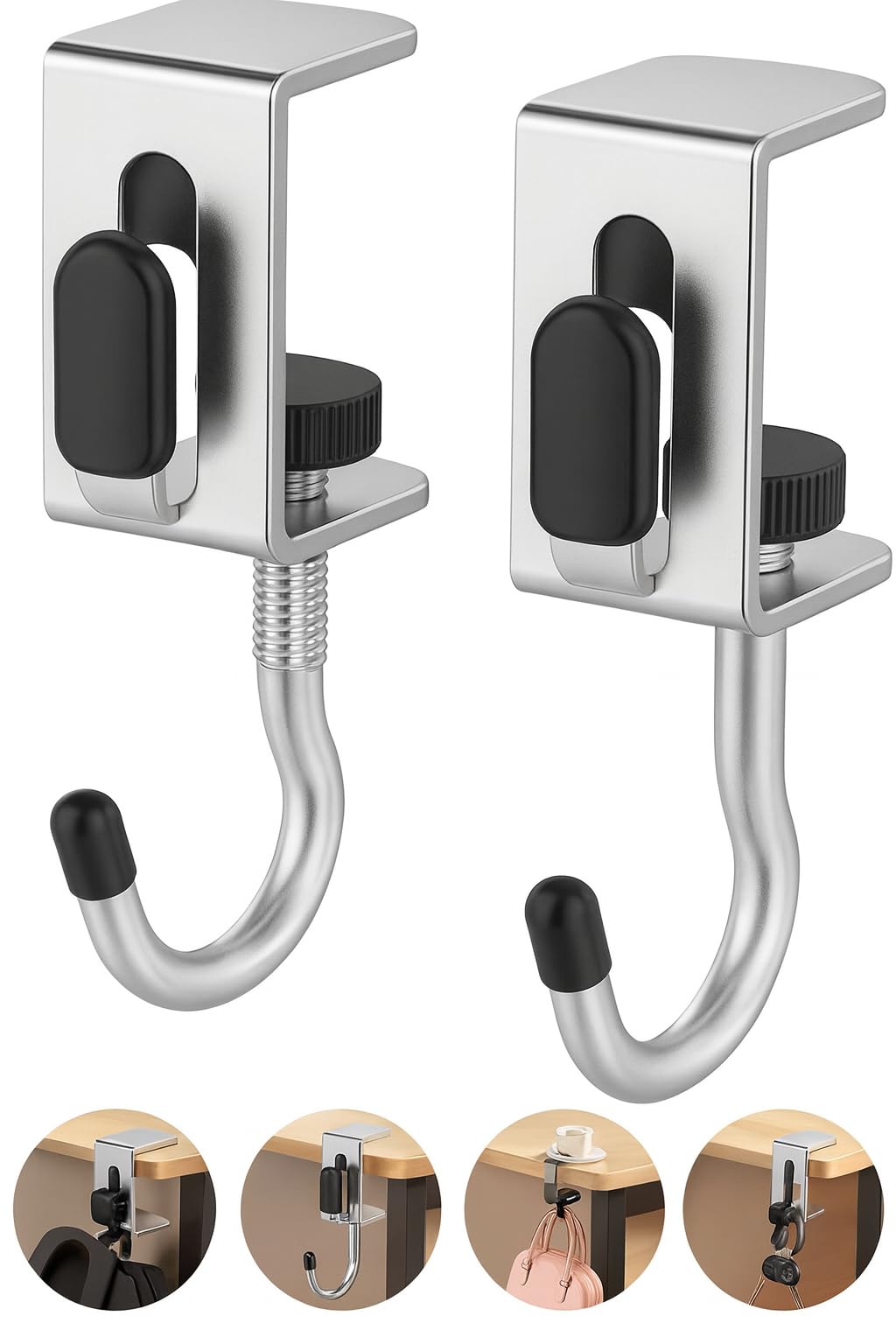 2-Pack Adjustable Metal Handbag & Purse Desk Hooks – Portable No-Drill Clamp-On Table Hangers for Bags, Backpacks, Tote Bags & Accessories | Heavy-Duty Under-Desk Organizer for Home, Office & Dorm