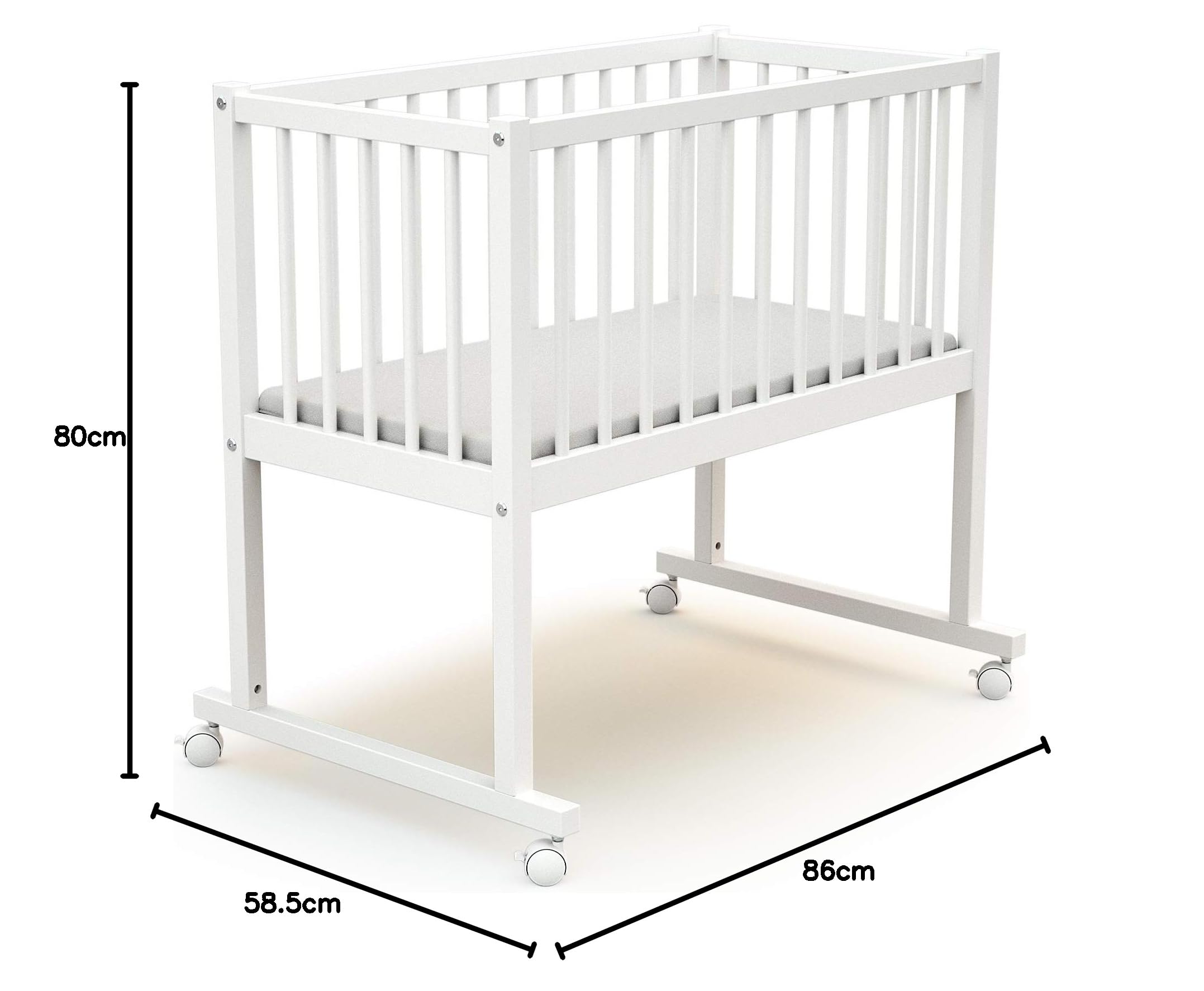AT4 - Berceau 40x80 NOA Blanc| 86 x 58,5 x 80 cm | Matelas Inclus 40x80x5cm | 4 Roues multidirectionnelles | Facile à déplacer