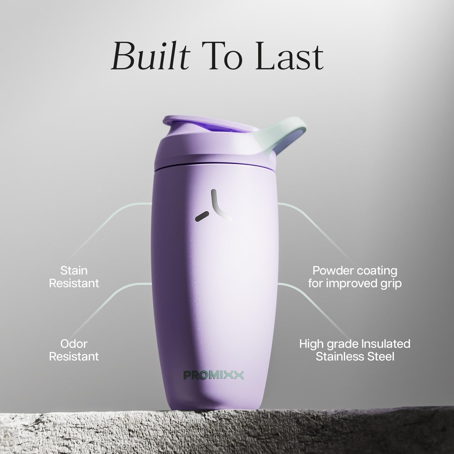 Promixx Pursuit Isolierter Shaker – 700ml Doppelwand-Edelstahl Proteinmixer mit Snap-Fit für Eiskalte Shakes – Auslaufsicher für Fitness – Flieder