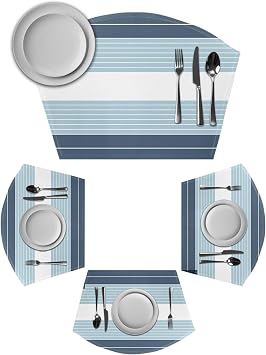 Haze Blue Aqua Stripe Round Table Placemats Set of 6 Wedge Placemats, Modern Art Horizontal Striped Place Mats for Dining Table Set Washable Mats Kitchen Decor for Indoor Outdoor Wipe Clean