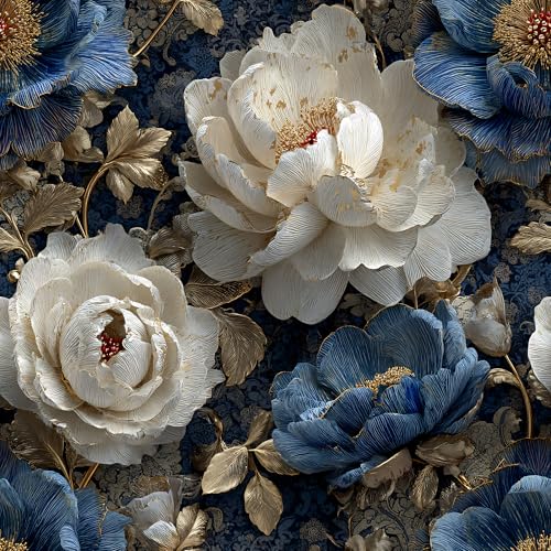 Cotevdkot Peel and Stick Wallpaper - Luxury Retro Dark Backdrop with White-Blue Peony & Gold Accent, Removable Self-Adhesive Mural for Living Room & Bedroom Wall Decor, 17.7x118 Inch