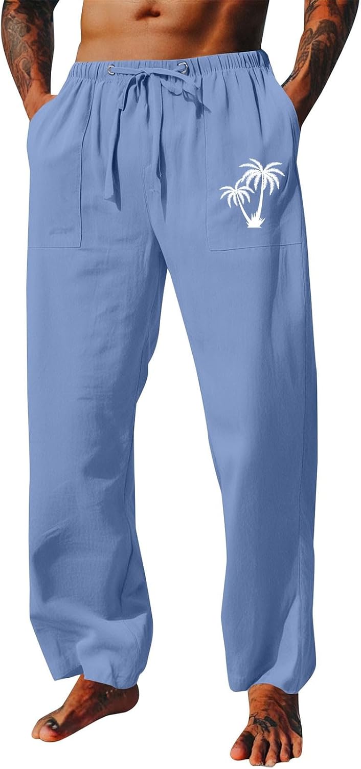 HJINGSUN Men Linen Pants Coconut Tree Graphic Lounge Pants Lightweight Breathable Comfortable Summer Beach Yoga Trousers
