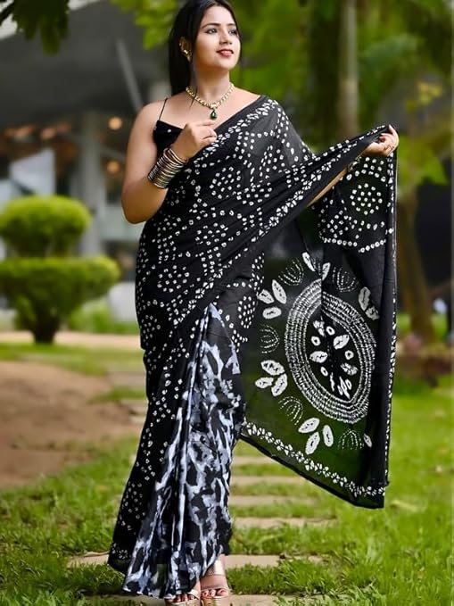 Linen Printed Saree with Blouse Piece | Party & Traditional look for Women-VC491-Black_A34