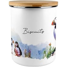 Purely Home Puffins Biscuit Tin Storage Canister - 2.7L Extra-Large Coastal Seabirds Enamel Kitchen Baking Container Gifts