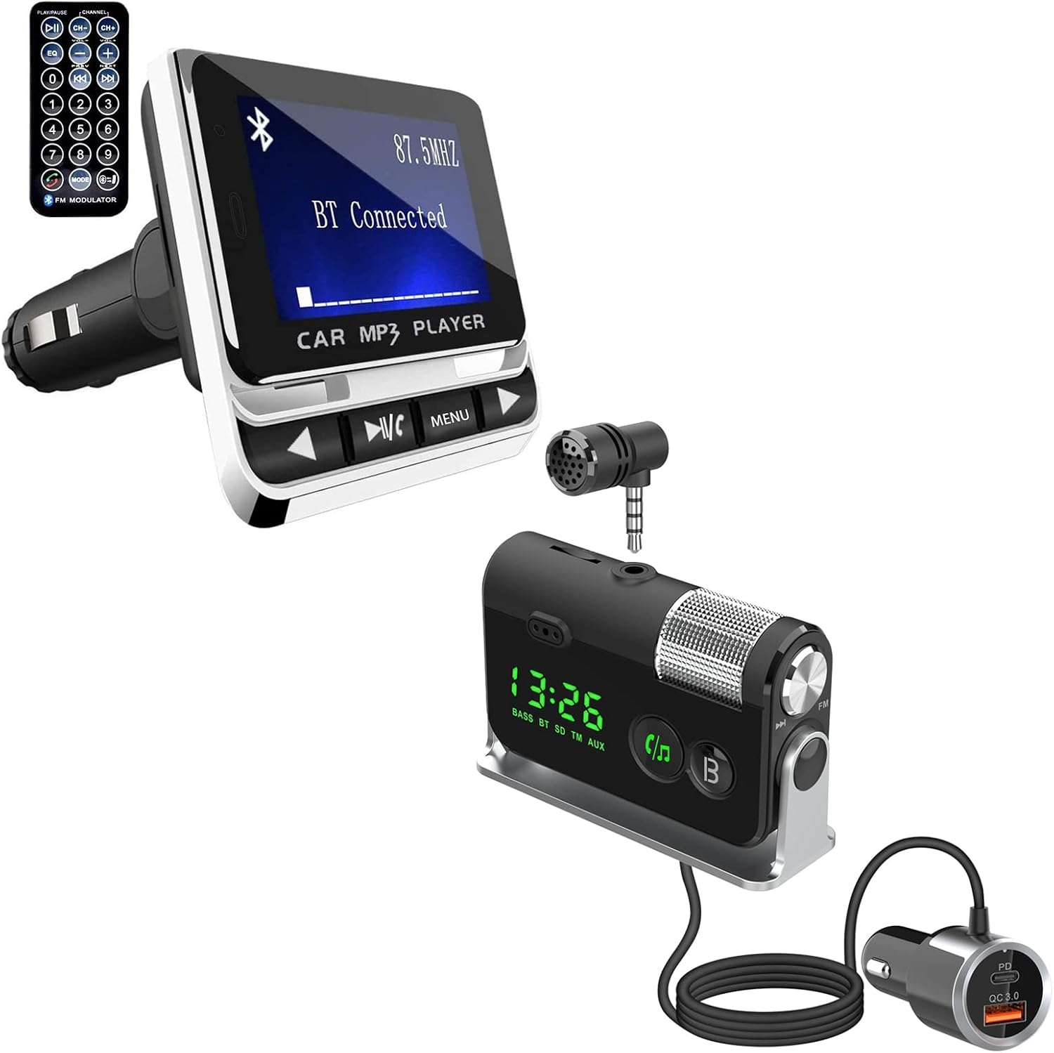 Bluetooth FM Transmitter for Car, Wireless Car Radio Adapter, Handsfree Auto Kit Support USB Charger Siri Google Assistant U Disk/TF Card/Aux