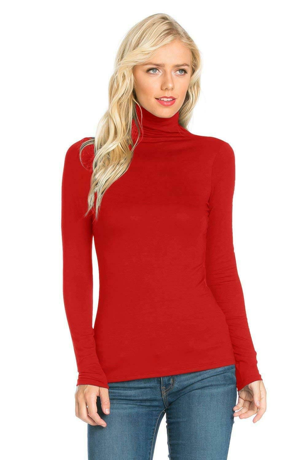 Candid Styles Women's Red Polo Roll Neck Long Sleeve Turtle Neck Plain Jumpers For Top(,8-10)