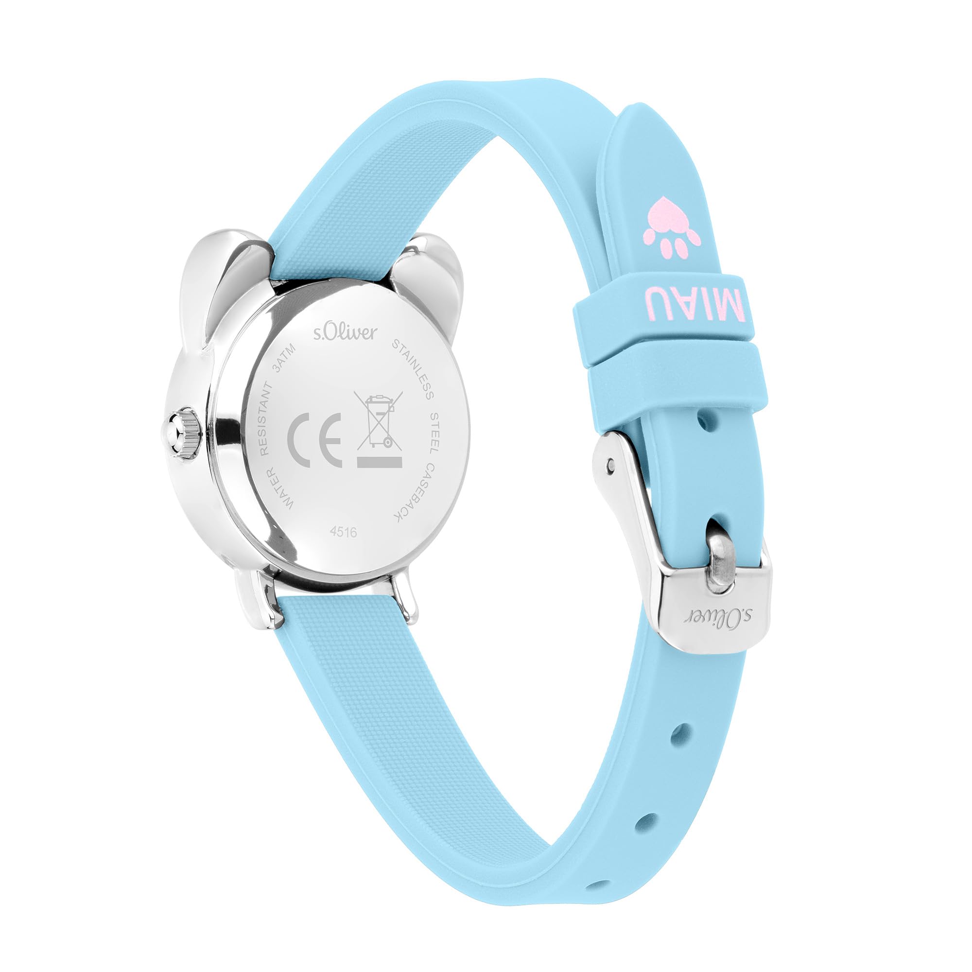 s.Oliver Kinderuhr- 25 mm - Gute Ablesbarkeit - widerstandsfähiges Silikonband - 3 ATM wasserfest - hoher analoge Armbanduhr für Mädchen mit Quarzwerk - Katze - Blume - Geschenkidee
