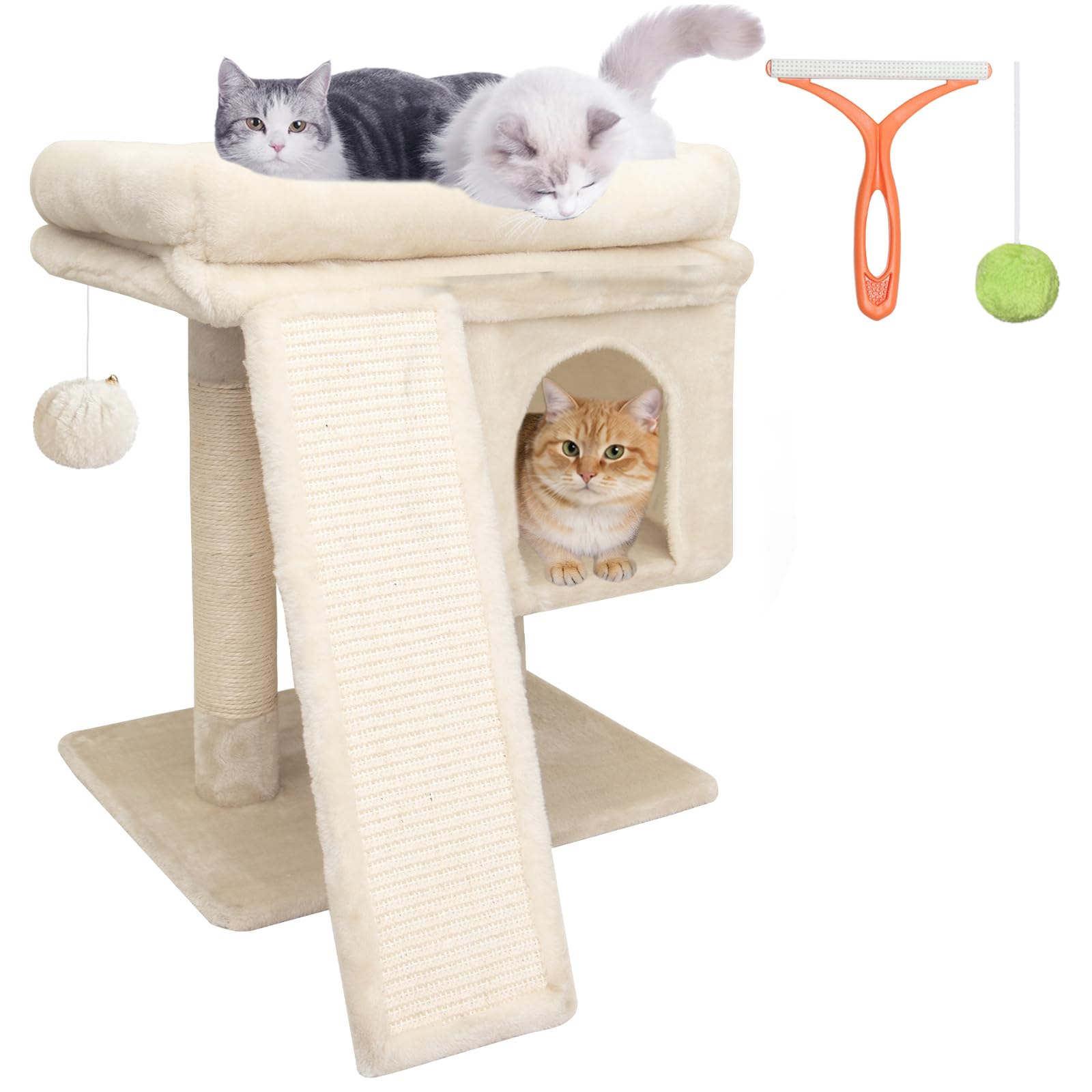 LEEJARD Kratzbaum klein für große Katzen XXL - 60cm hoch, Katzenbaum mit extra großer Plattform (40x50cm) & Kratzrampe, Stabiler Katzenturm für Senioren. Katzenbürste & Spielball, Beige
