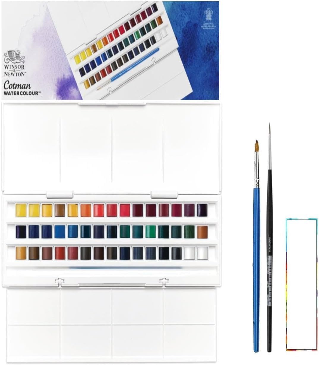 Cotman Winsor & Newton - Acquerello 45 Mezza secchiello e 2 pennelli e 1 carta