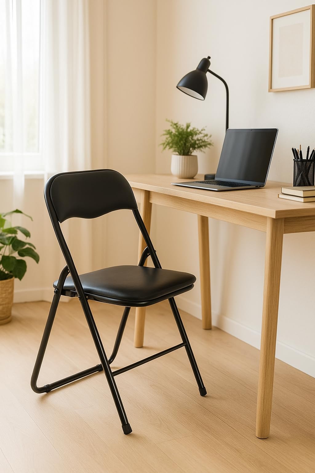 DUPI Silla Plegable de Metal | Acolchada y Cómoda | Uso en Cocina, Oficina, Camping | No Requiere Montaje | para Espacios Pequeños | Sintético | Pack de 4 Unidades | Negro