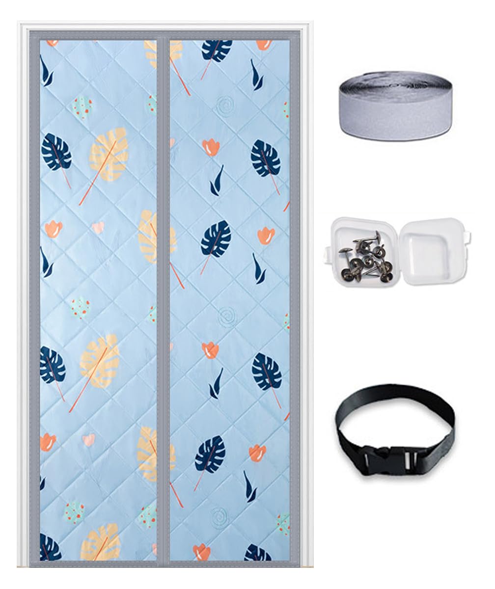 DarkSwan Customizable Magnetic Thermal Insulated Door Curtain, Upgraded Thick Thermal Fabric Door Cover, Soundproof Door Cover Attic Door Insulation Cover,Blue Leaves โ image 1