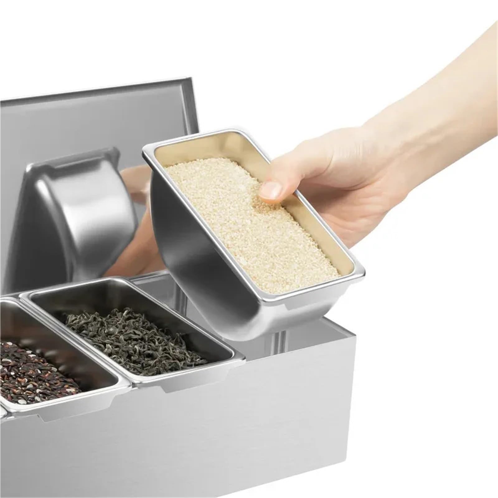 Dispensador de condimentos acero inoxidable, contenedor for almacenamiento granos cocina, caja especias for condimentar con 6 compartimentos separados para Especias