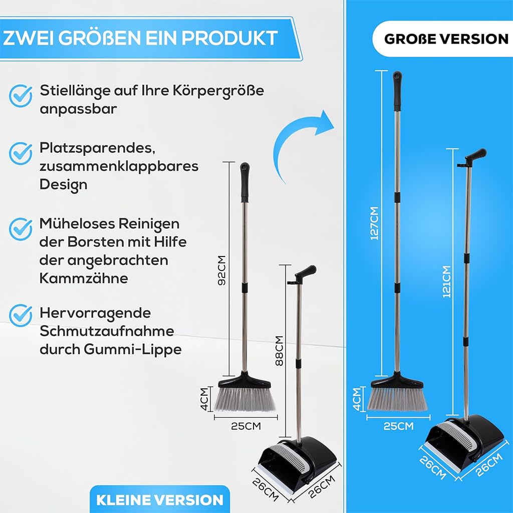 Peggy Perfect Stehkehrgarnitur Langstielkehrgarnitur Besen und Kehrschaufel. Zwei Größen - ein Produkt - 92cm u. 127cm. Auffangbehälter| Gummilippe| Kammzähne| Inn- & Outdoor| Effektive Eckenreinigung