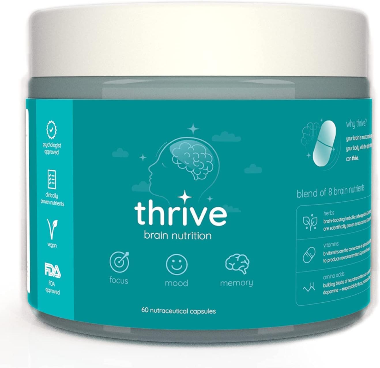 Food for Thought Thrive - High Dosage Nootropic - Focus, Memory & Mood Boster - Brain Supplement - L Tyrosine, L Tryptophan, L Theanine, Ashwagandha, Brahmi, Ginseng, Vitamin B - 1 Month Pack