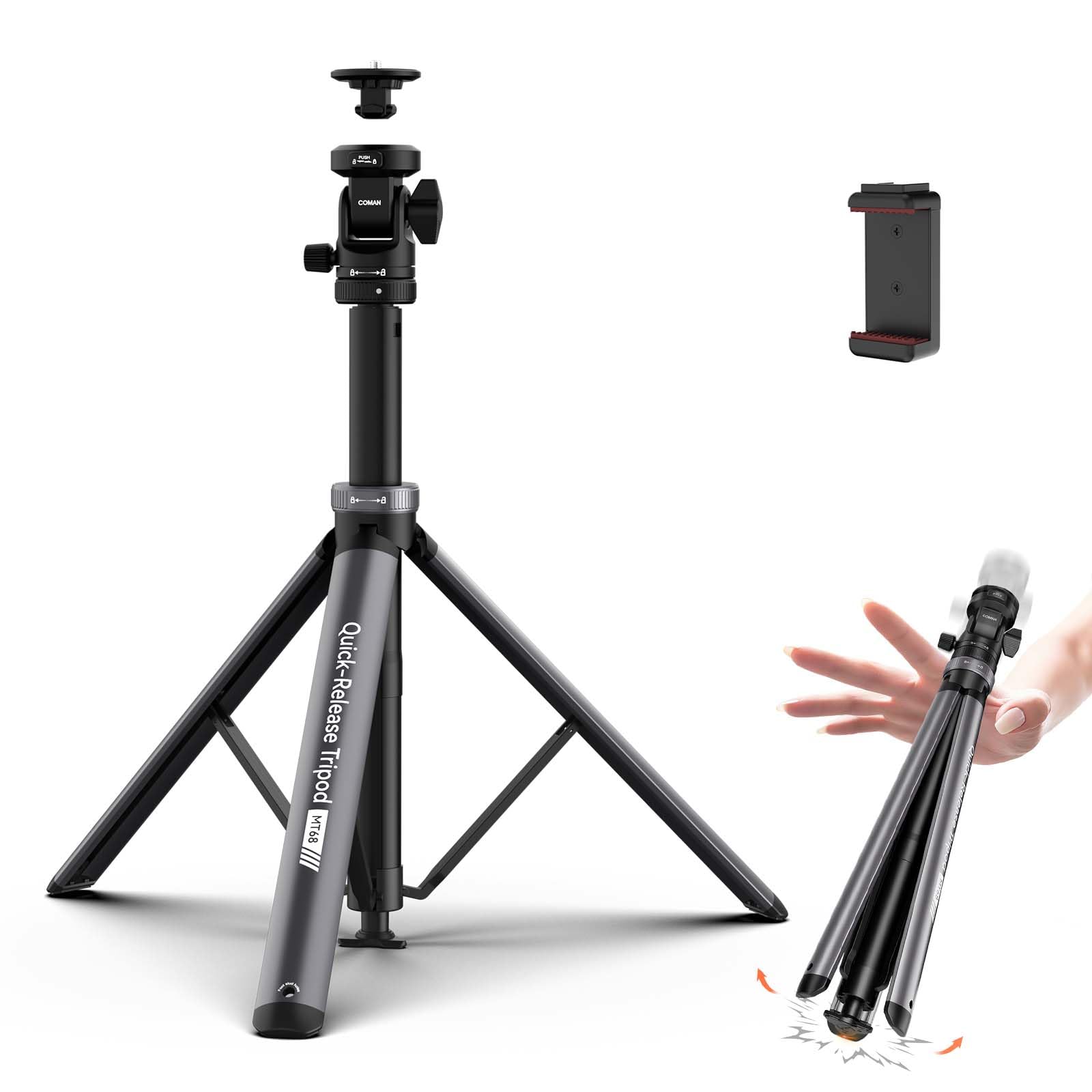 COMAN MT68 - Supporto per luce, apertura automatica, 211,8 cm, regolabile, portatile, per fotografia, treppiede per telefono con testa a sfera a sgancio rapido con vite da 1/4, adatto per Octabox