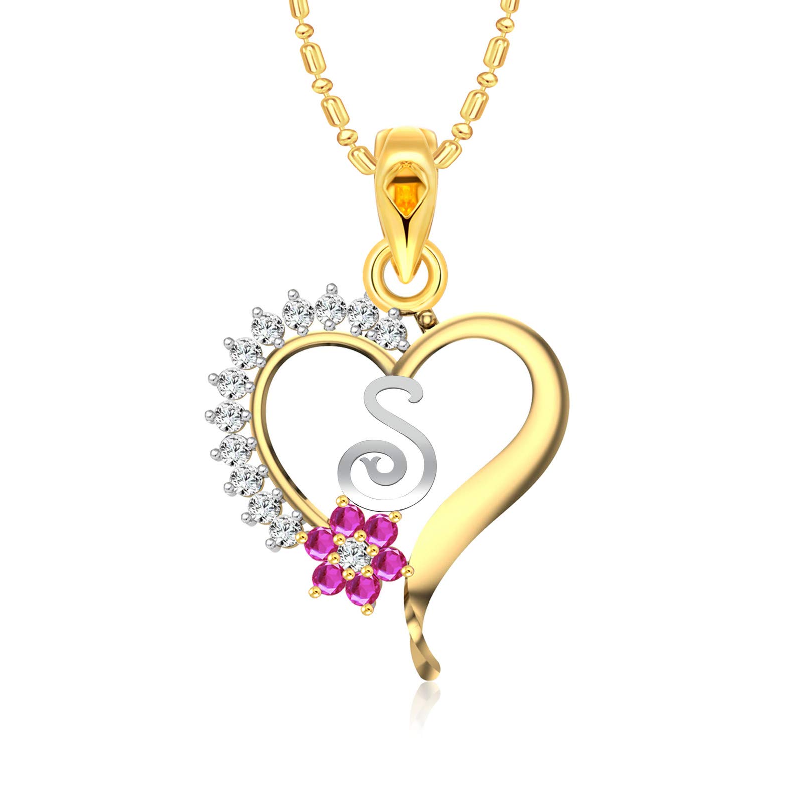 Vighnahartavalentine day gift valentineday gift for her gift for him gift for women gift for men Valentine's Pink Flower Heart Initial S Letter CZ Gold and Rhodium Plated Alloy Pendant for Women and Girls-[VFJ1256PG]