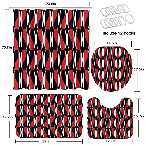 Red Black Geometric Shower Curtain Set With Toilet Lid Cover And Non-Slip Rugs, Zigzag Chain Round Wave Simple 4 Pcs Shower Curtain For Bathroom, Modern Abstract Bathroom Decor #TOP1
