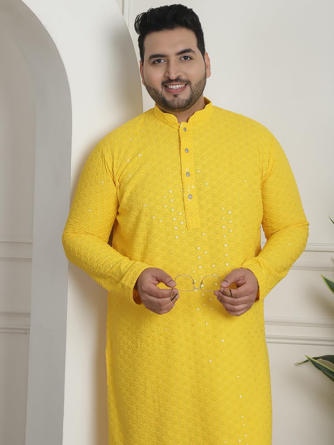 Sojanya PLUS (Since 1958) Men's Cotton Sequinned Embroidered Long Kurta