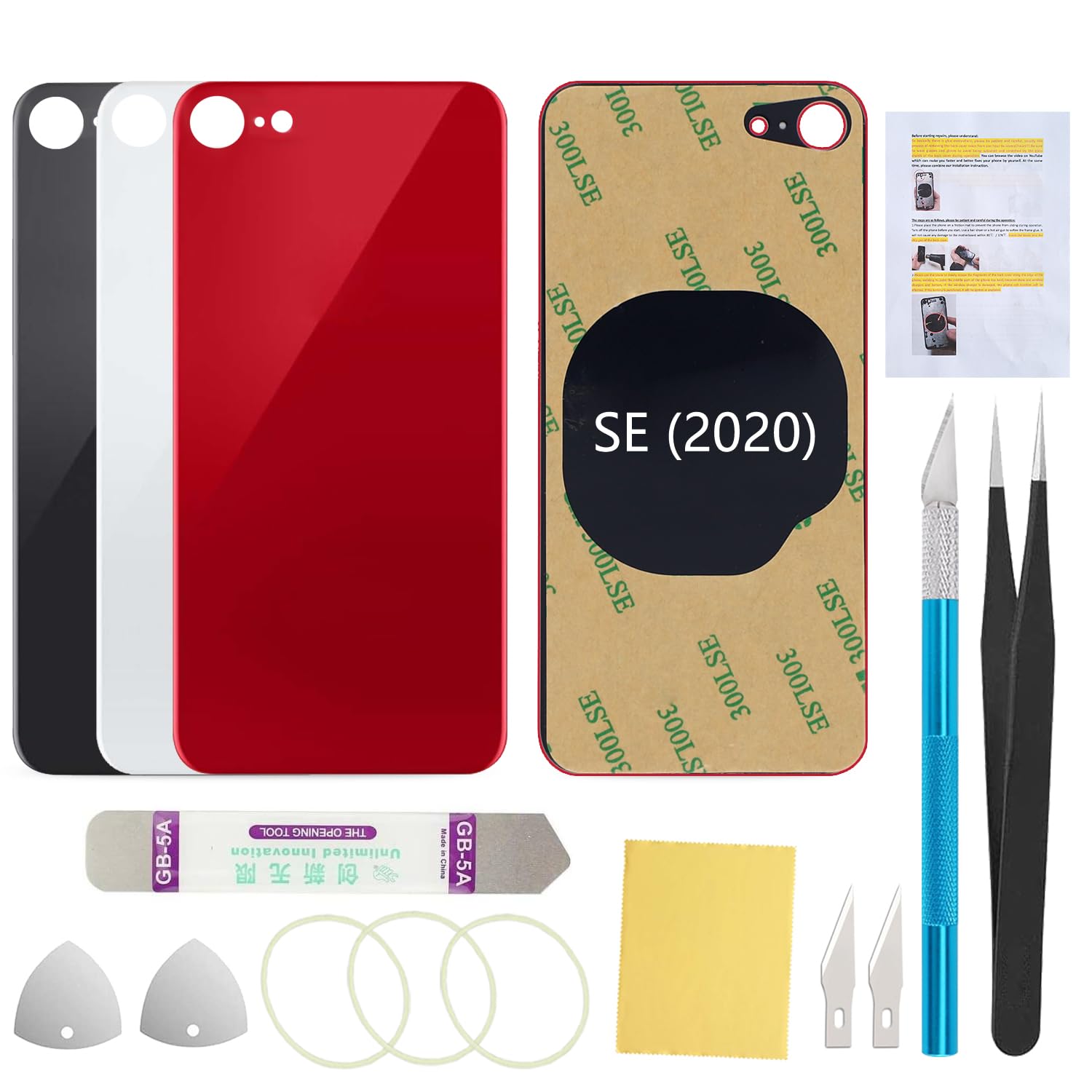 Back Screen Glass Cover Replacement Compatible with iPhone SE 2020 4.7-Inches All Carriers with Installation Manual + Repair Tool Kit (Red)