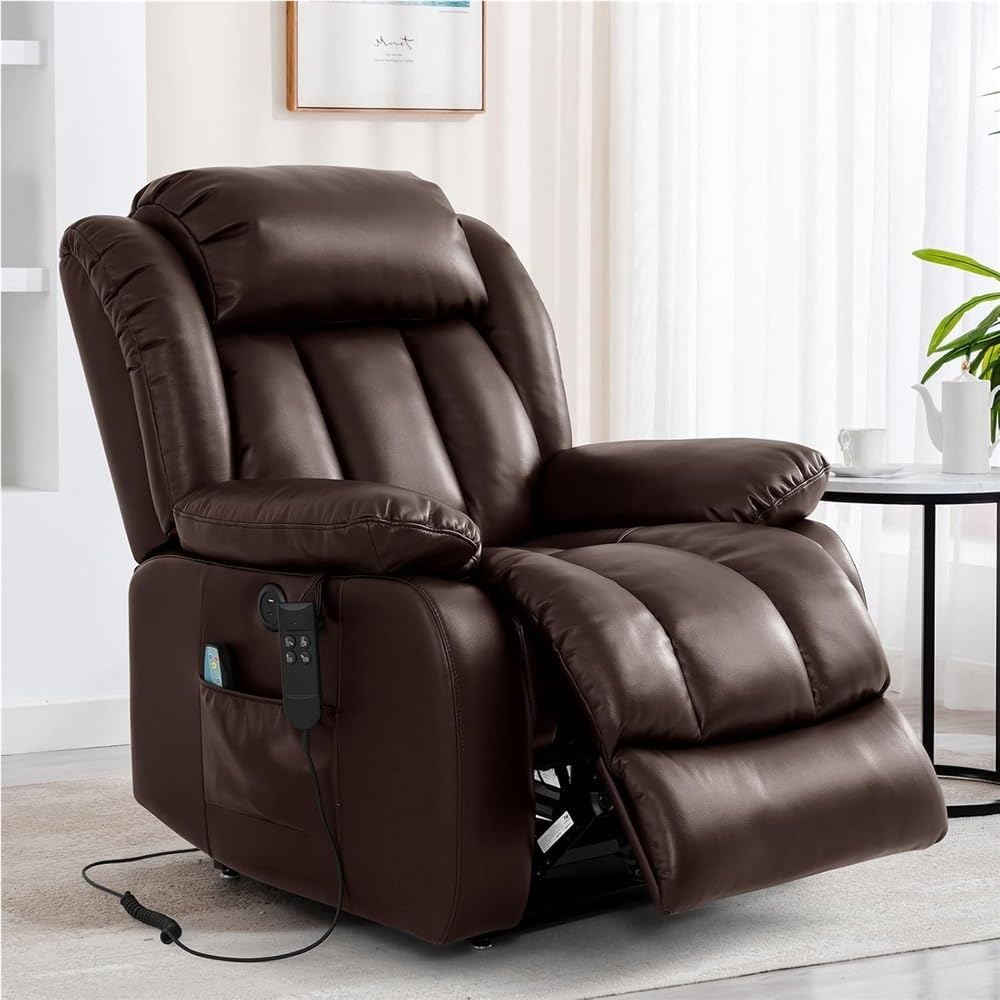 Dual Motor Power Lift Recliner Chair for Elderly with Infinite Positioning Heated Massage System Premium Breathable Leather Large Adjustable Electric Reclining Sofa Living Room Furniture Brown