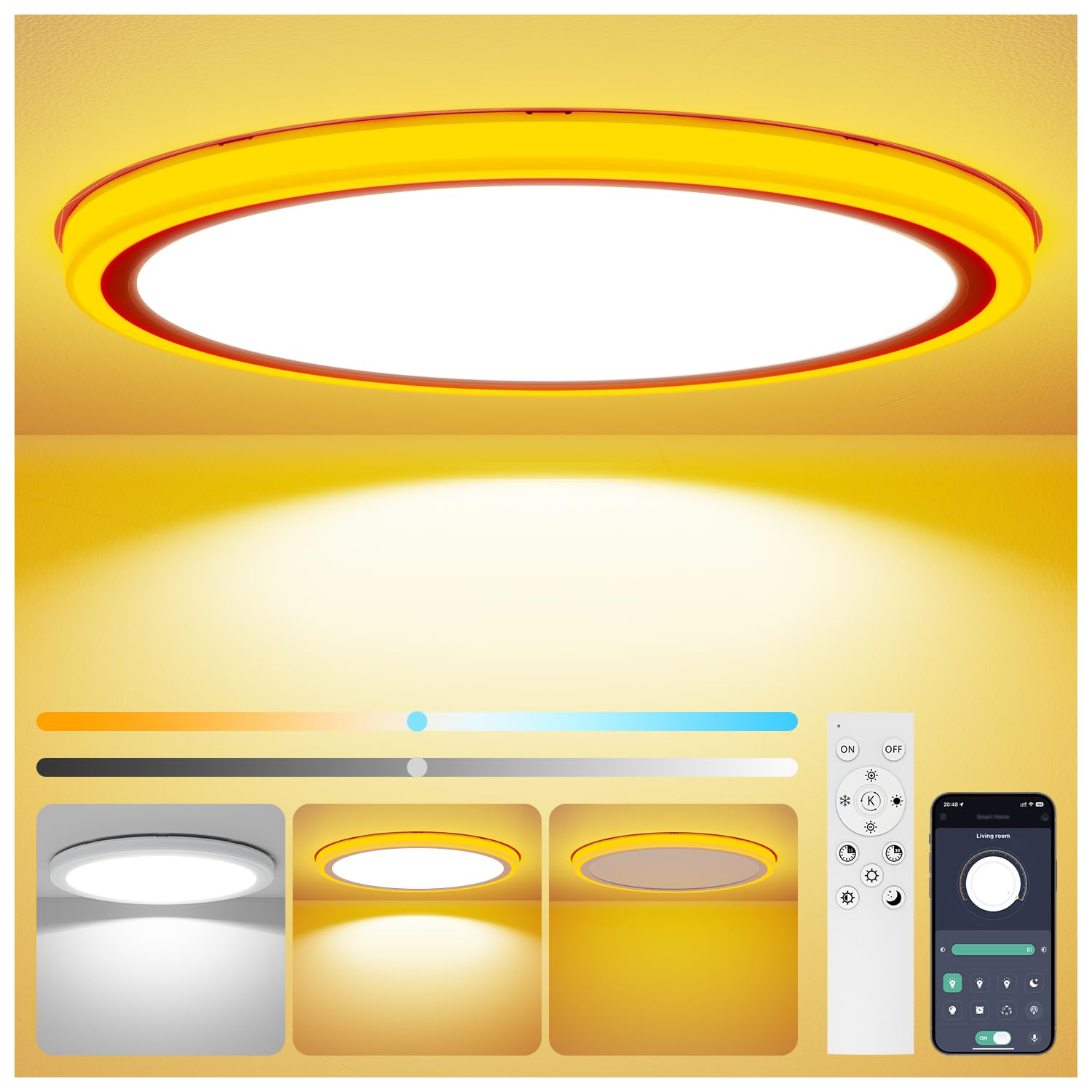 Aphyni Lámpara de techo LED 33W con luz nocturna, Plafón plano Ø40cm, regulable 3000-6500K 5500LM, Lámpara de dormitorio ultrafina para cocina,mando a distancia y control por aplicación