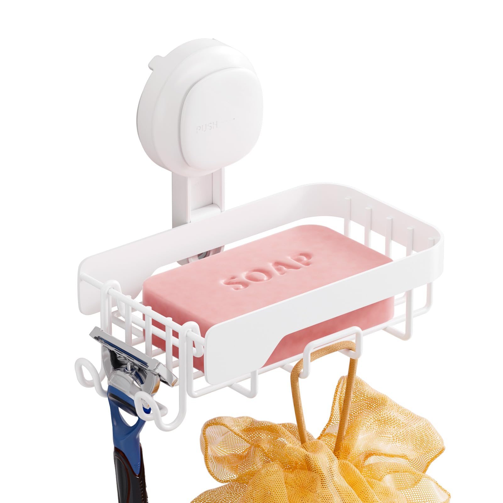 TAILI Soap Dish for Shower with Hooks,Drill-Free Suction Sink Holder,White