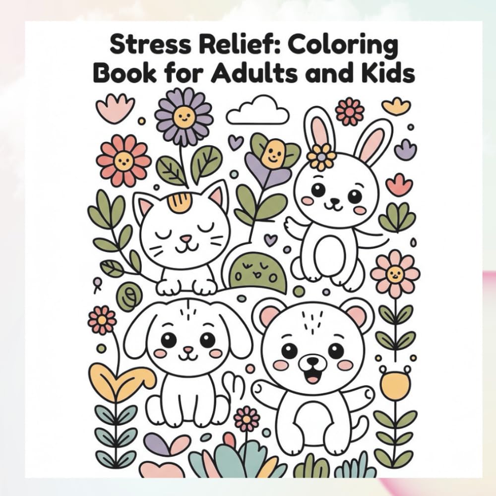 Stress Relief: Coloring Book for Adults and Kids, Bold and Easy, Simple and Big Designs for Relaxation Featuring Animals, Landscape, Flowers, Patterns, Cute Things: Coloring Book